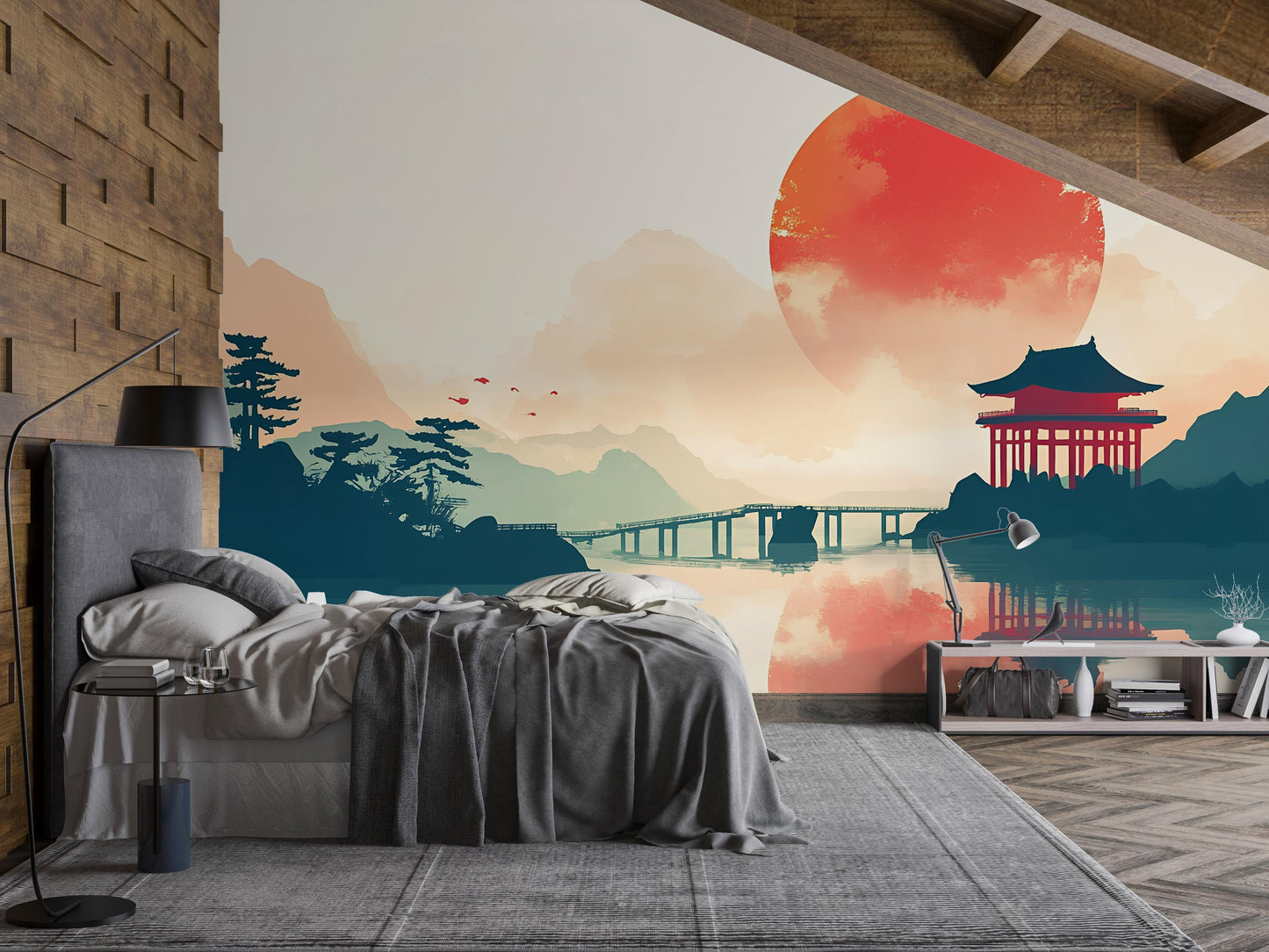 Japanese Sunset Wall Mural – Serene Oriental Landscape, Pagoda Art, Minimalist Zen Decor for Bedroom or Living Room Vn497