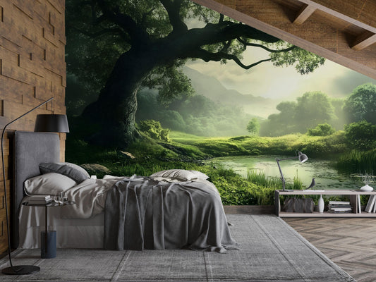 Tranquil Forest Wall Mural – Serene Green Landscape Nature Wallpaper Vn825
