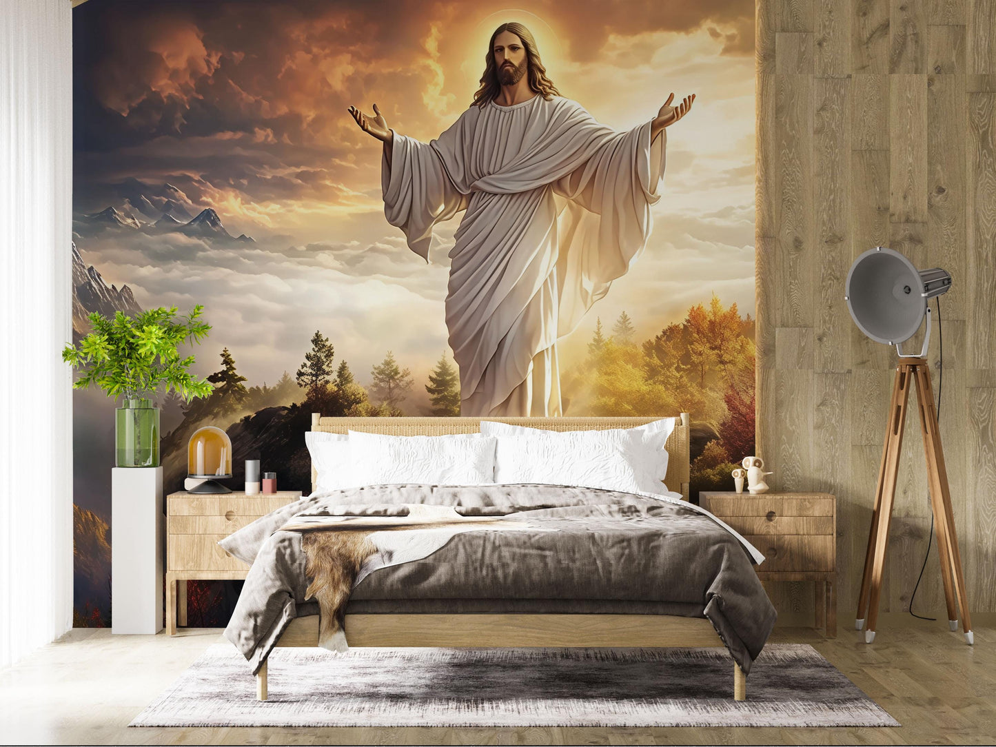 Jesus Wall Mural - Christian Bedroom Decor - Religious Jesus Christ Wallpaper - Inspirational Faith Mural Art - Jesus and Nature Vn609