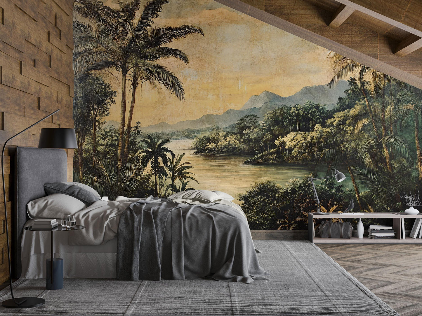 Vintage Tropical Landscape Wall Mural – Rustic Palm Tree River Scene Wallpaper Vn837