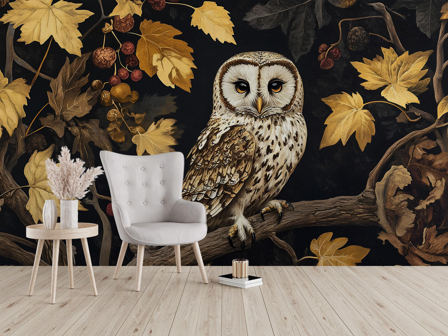 Autumn Owl Wall Mural – Dark Forest Wallpaper, Cozy Nature Room Decor Vn496