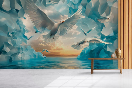Soaring Birds 3D Wall Mural – Sky & Ocean Scene with White Doves | Modern Nature-Inspired Peel  Stick Wallpaper Vn577