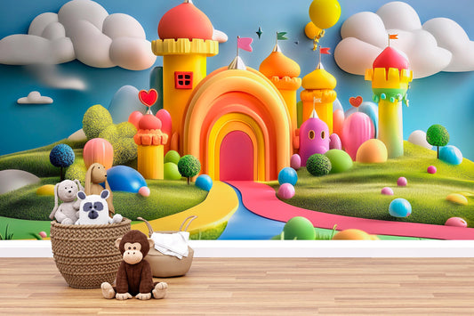 Colorful Fantasy Castle Nursery Wall Art | Whimsical Baby Room Mural | Rainbow Fairy Tale Print for Kids Room | Digital Download Vn331