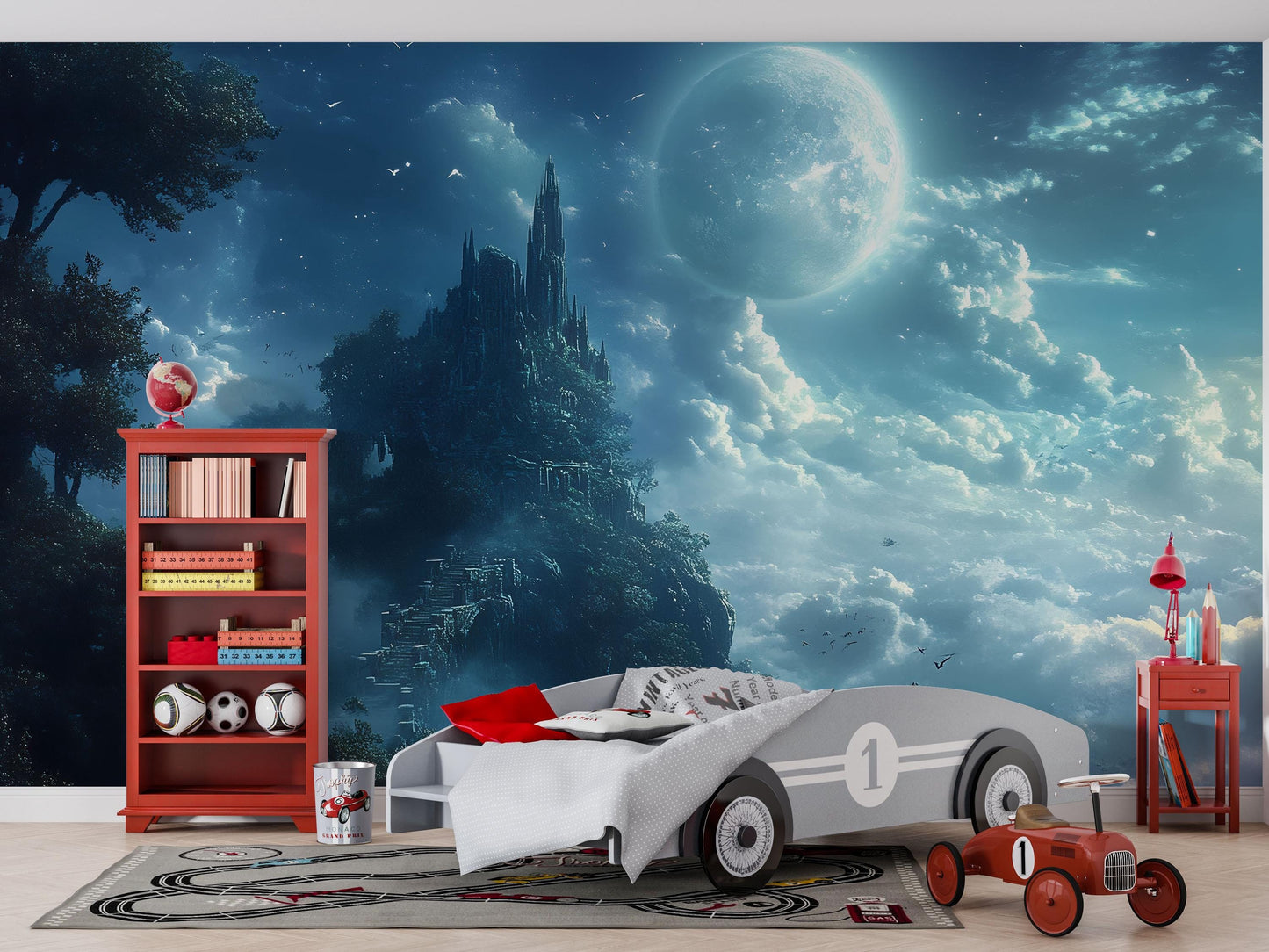 Moonlit Fantasy Castle Wall Mural – Enchanted Night Sky Wallpaper, Magical Accent Wall for Kids Bedroom Vn867