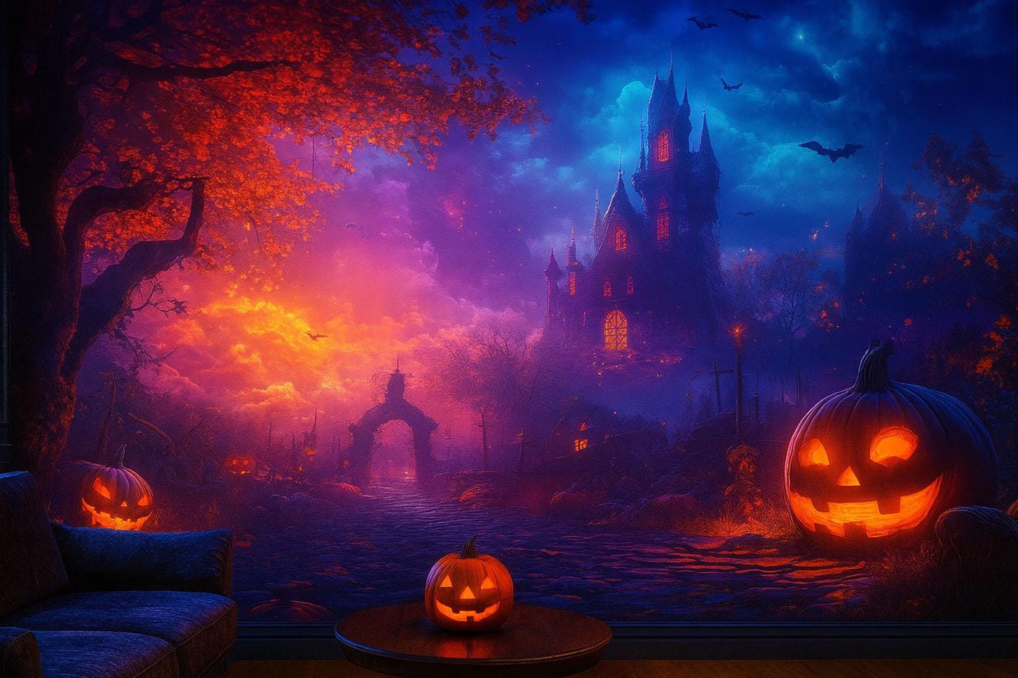 Colorful Halloween Castle Wall Mural – Spooky Kids Room Décor Vn800