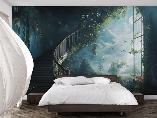 Mystical Staircase Forest Wall Mural – Dreamy Nature Fantasy Bedroom Wallpaper Vn475