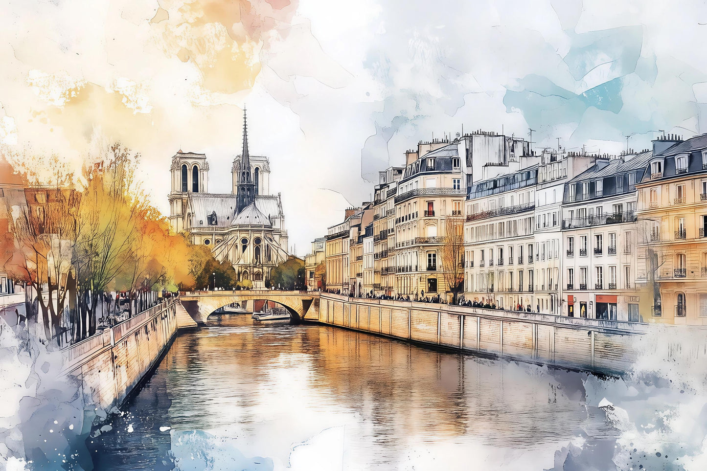Notre Dame Wall Mural – Paris Watercolor Cityscape Wallpaper Vn929