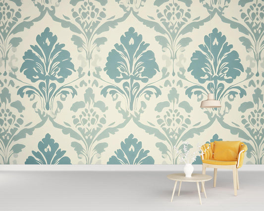 Teal Damask Wallpaper – Vintage Floral Peel and Stick Wall Mural, Elegant Removable Wall Décor for Living Room or Bedroom Vn637