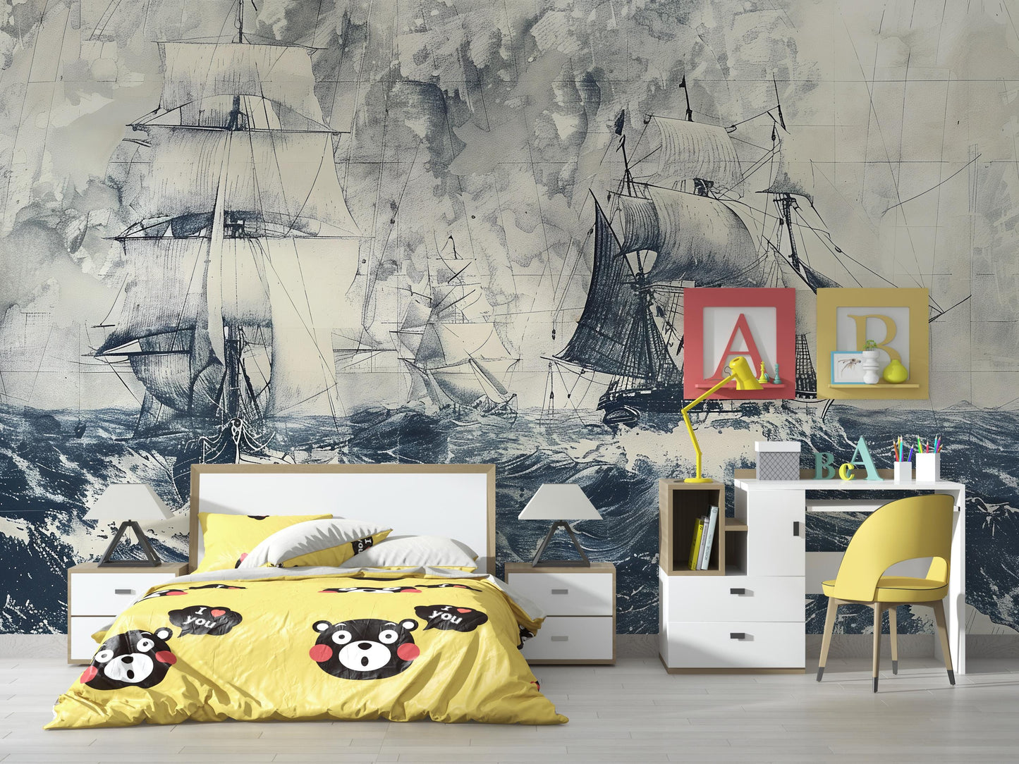 Vintage Ship Wall Mural | Nautical Ocean Waves Wallpaper Vn1044