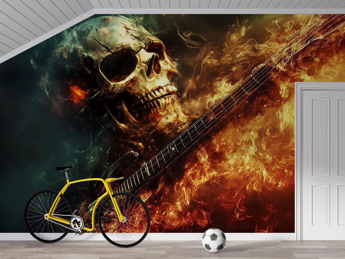 Fiery Skull Guitar Wall Mural – Rock Bedroom Decor, Flame Skull Art Wallpaper, Heavy Metal Room Aesthetic Vn717