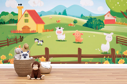 Farm Animal Wall Mural for Kids Room, Cartoon Pasture Wallpaper, Nursery Farm Decor, Cute Barnyard Wall Art Vn626