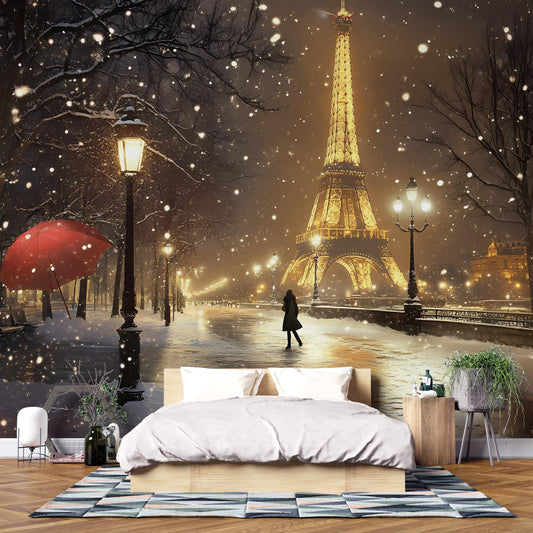 Paris Snowfall Wall Mural – Eiffel Tower Winter Night Scene – Romantic Cityscape Bedroom Decor Vn067