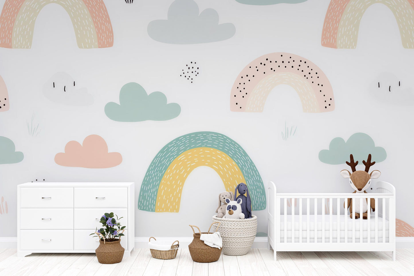Pastel Rainbow Wall Mural – Kids Room Wallpaper with Cute Clouds for Nursery Decor Vn982