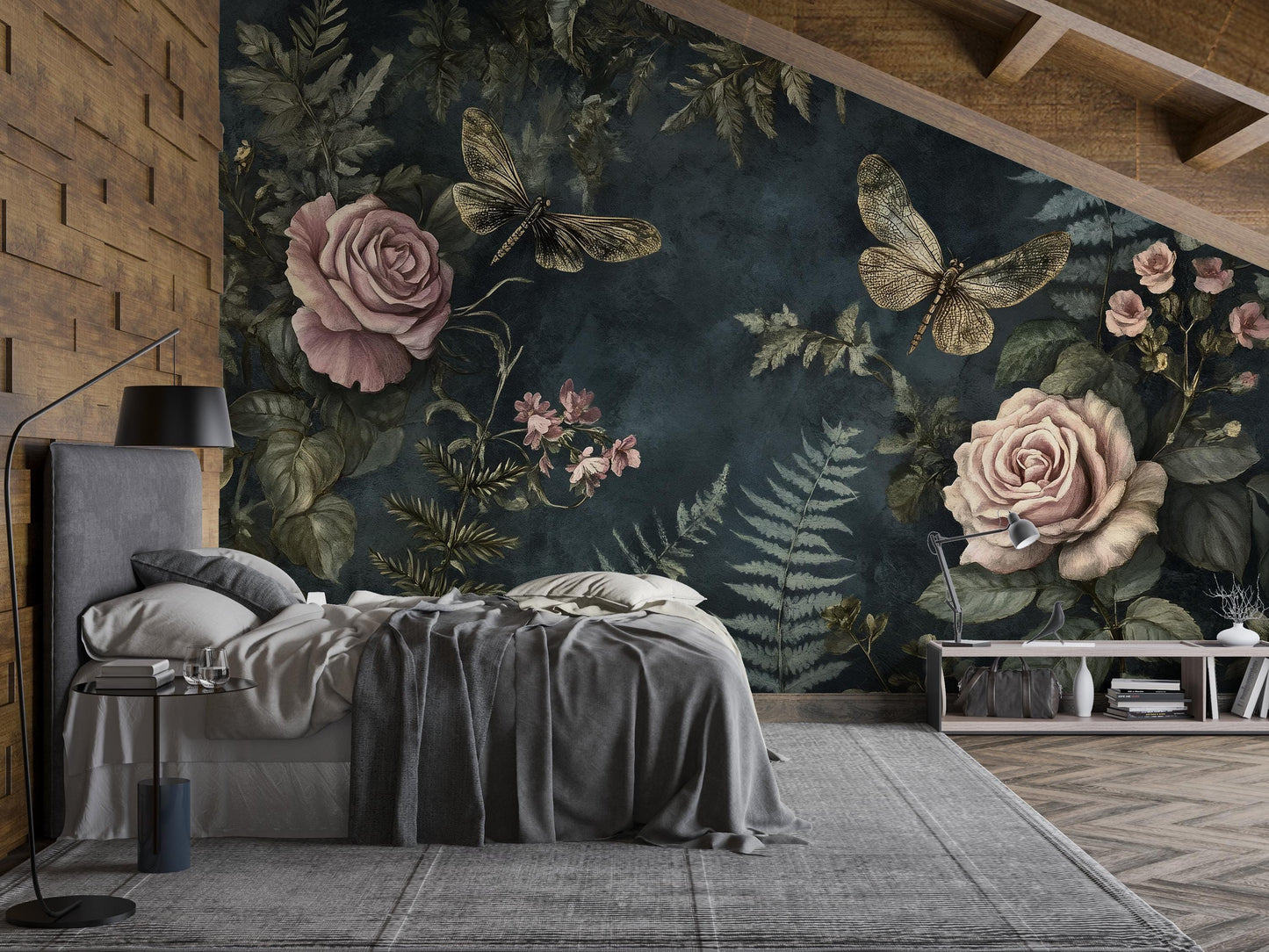 Dark Botanical Wall Art – Vintage Dragonflies & Roses Print Vn955