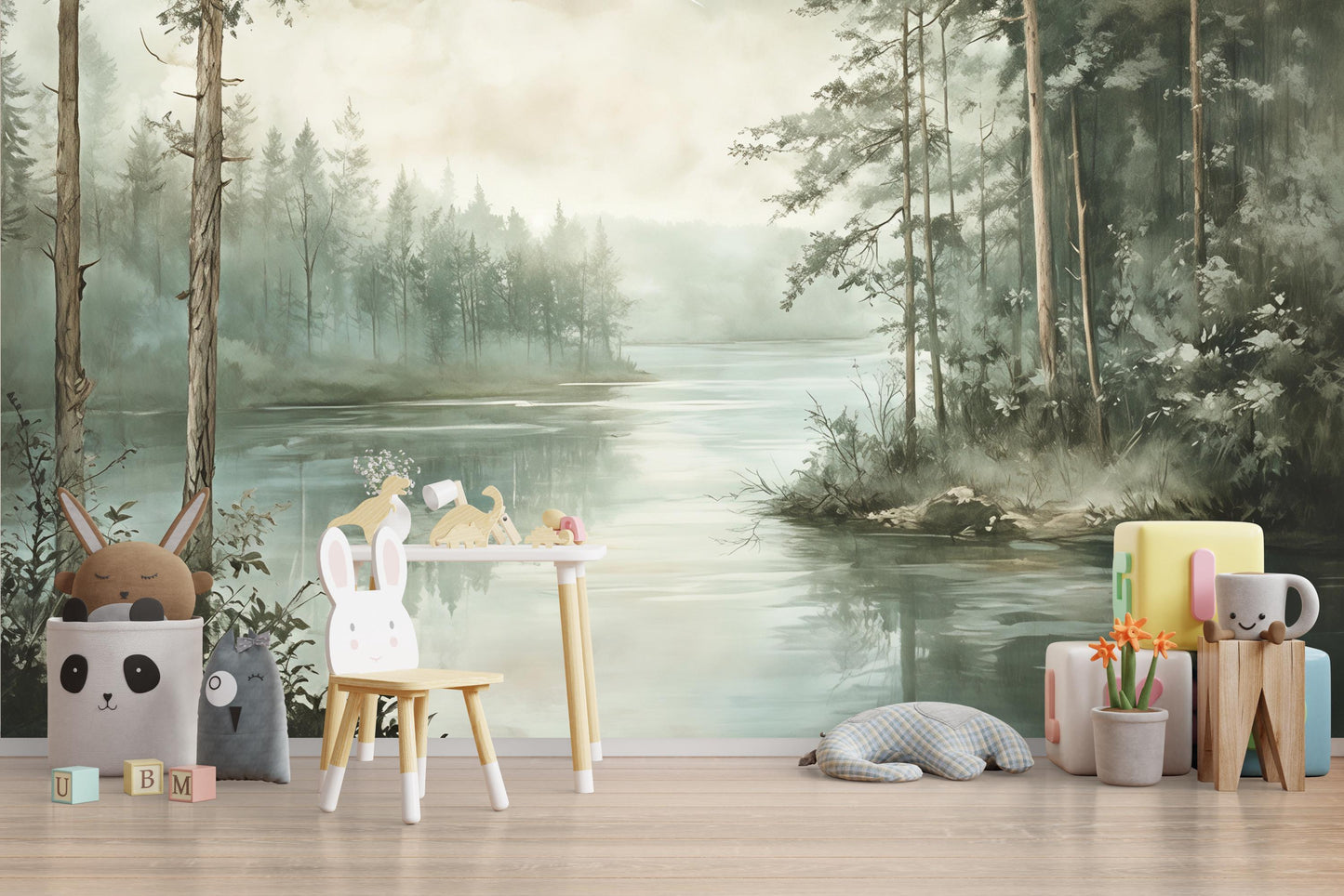 Misty Forest Lake Wall Mural – Nature Landscape Wallpaper Vn972