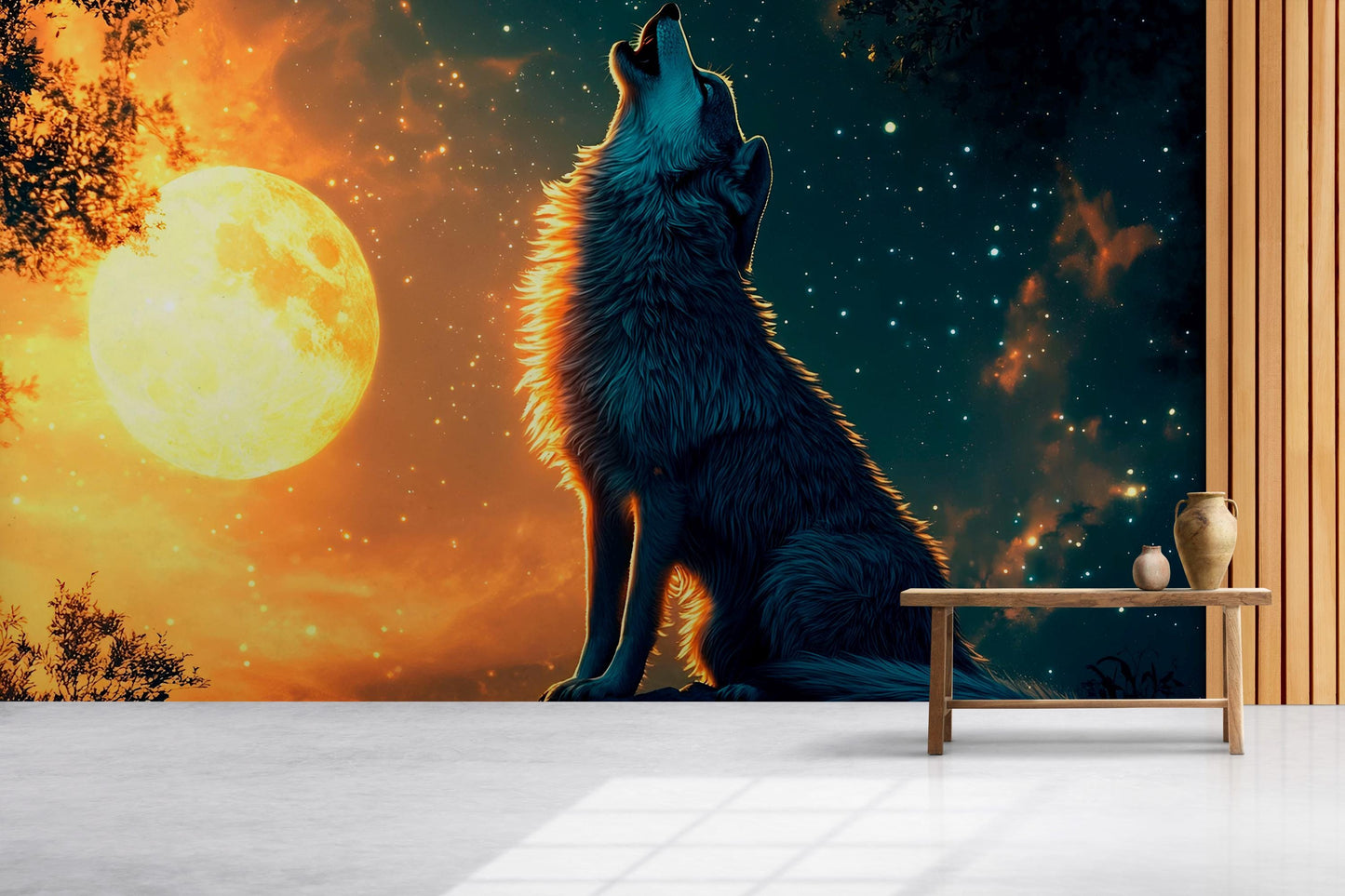Howling Wolf Moon Wall Mural – Starry Night Forest Wallpaper – Large Animal Nature Art Print for Living Room or Bedroom Decor Vn600