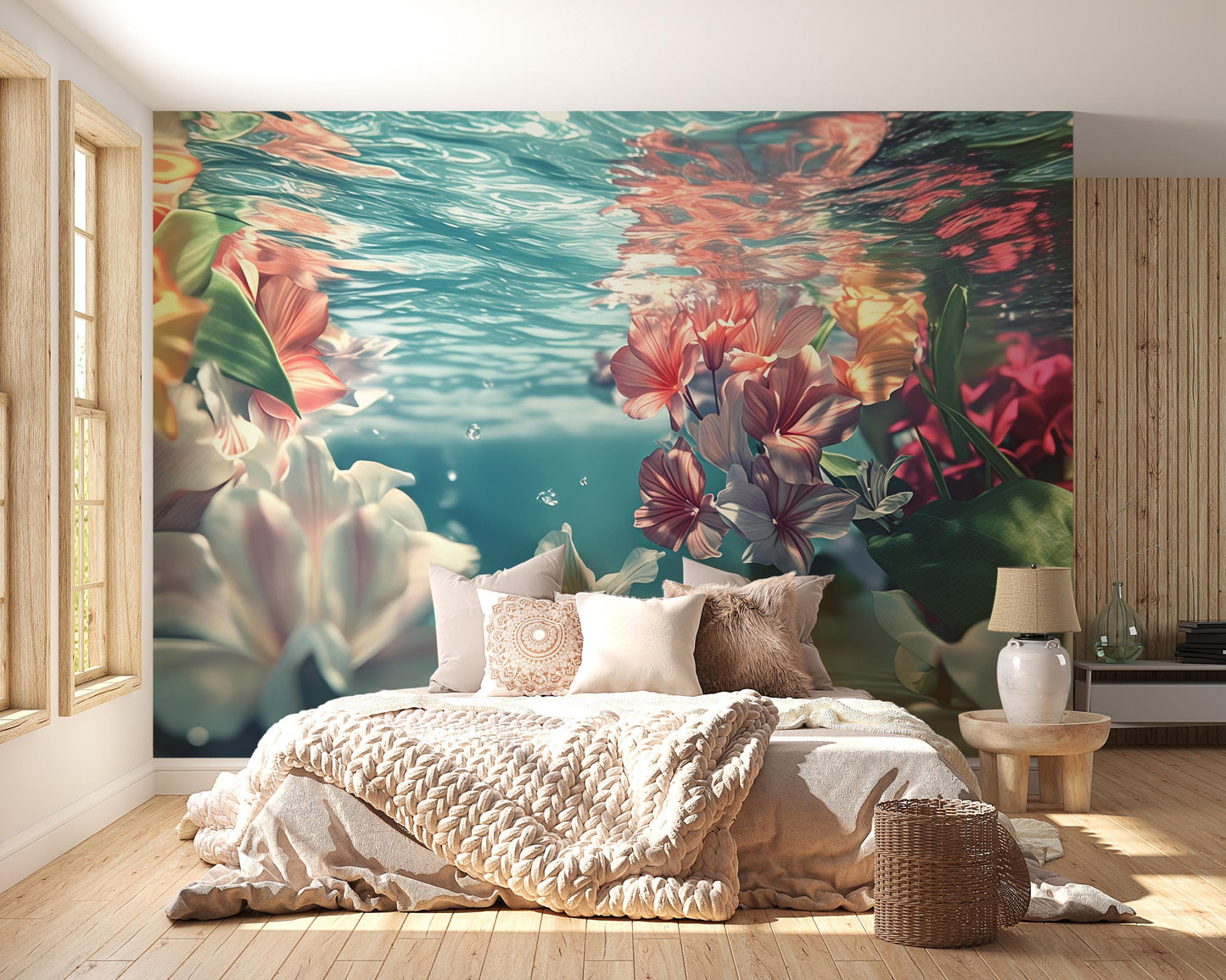 Underwater Floral Wall Mural – Tropical Ocean Flowers Wallpaper, Water-Themed Bedroom Decor, Large Removable Wall Art Vn576