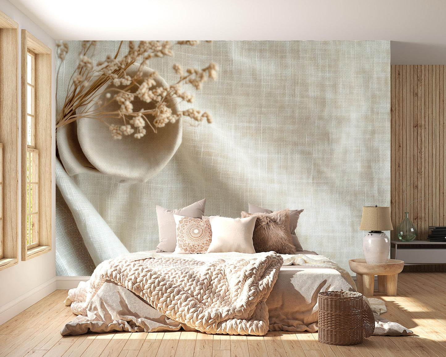 Minimalist Beige Linen Texture Wall Mural – Modern Neutral Fabric Wallpaper  Vn826