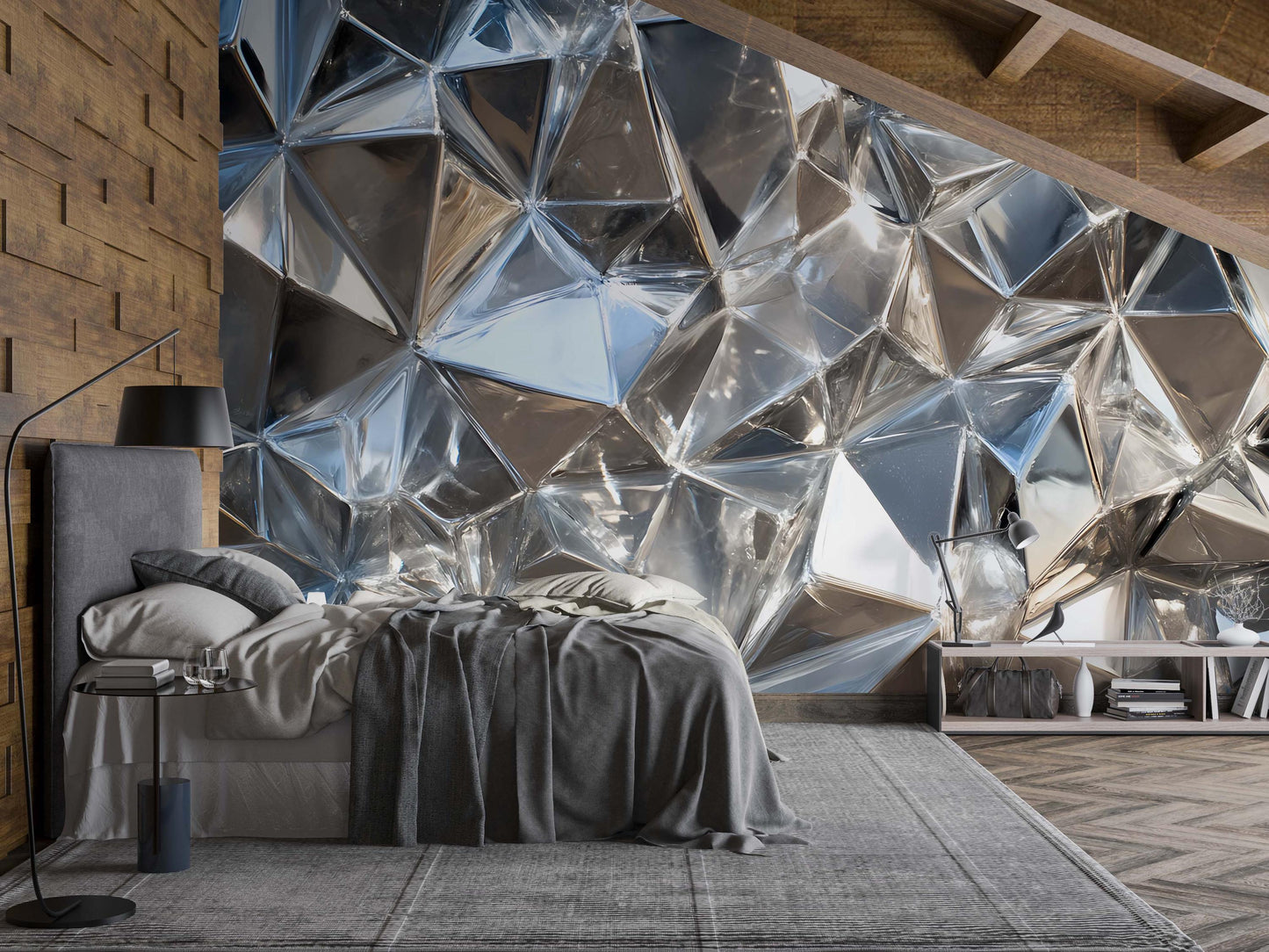 Modern 3D Geometric Metallic Wall Mural, Silver Chrome Crystal Pattern, Luxury Abstract Wallpaper for Bedroom & Living Room Vn748