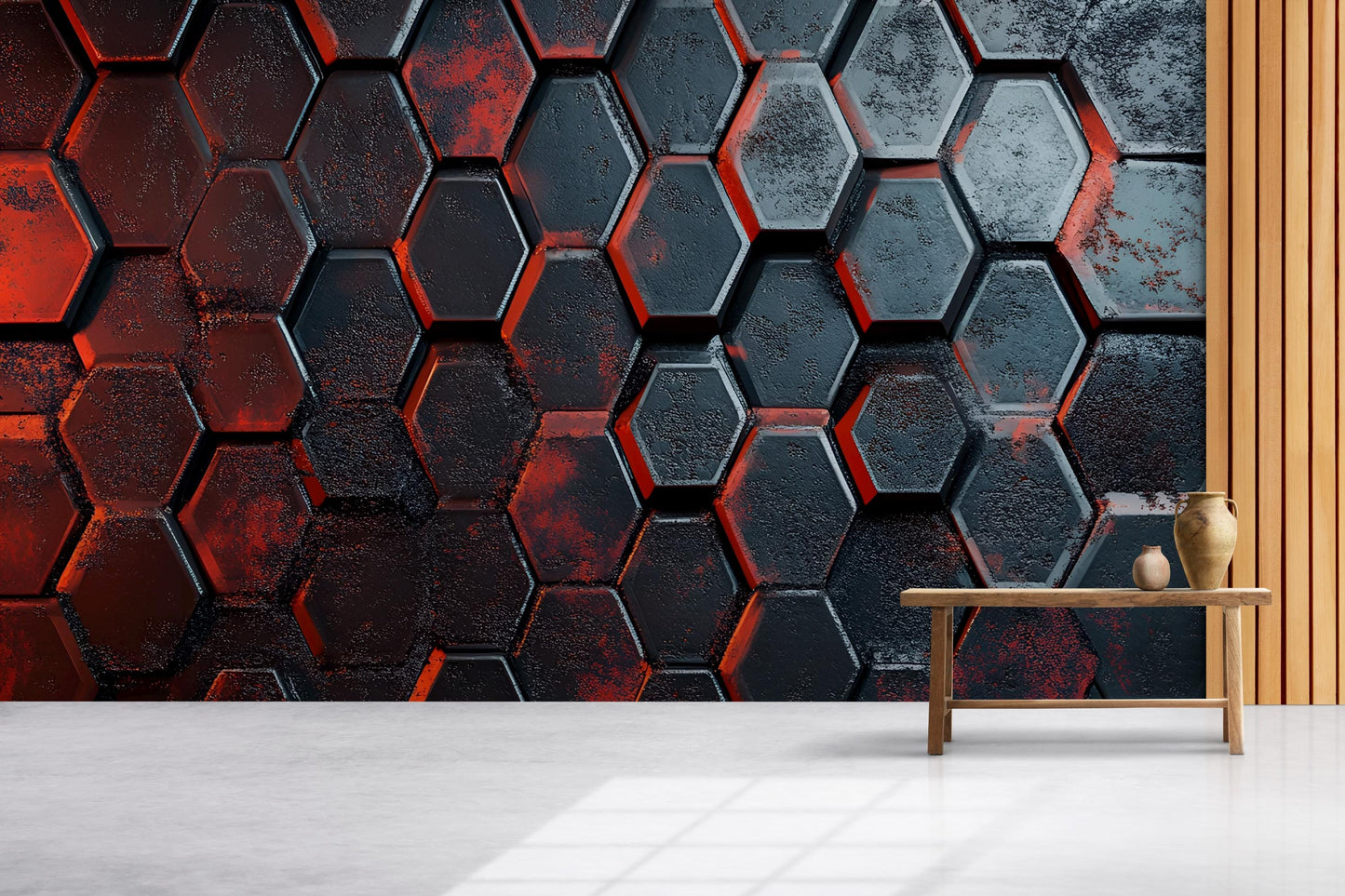 Modern 3D Hexagon Wall Mural | Industrial Geometric Wallpaper | Black & Red Textured Art Vn589