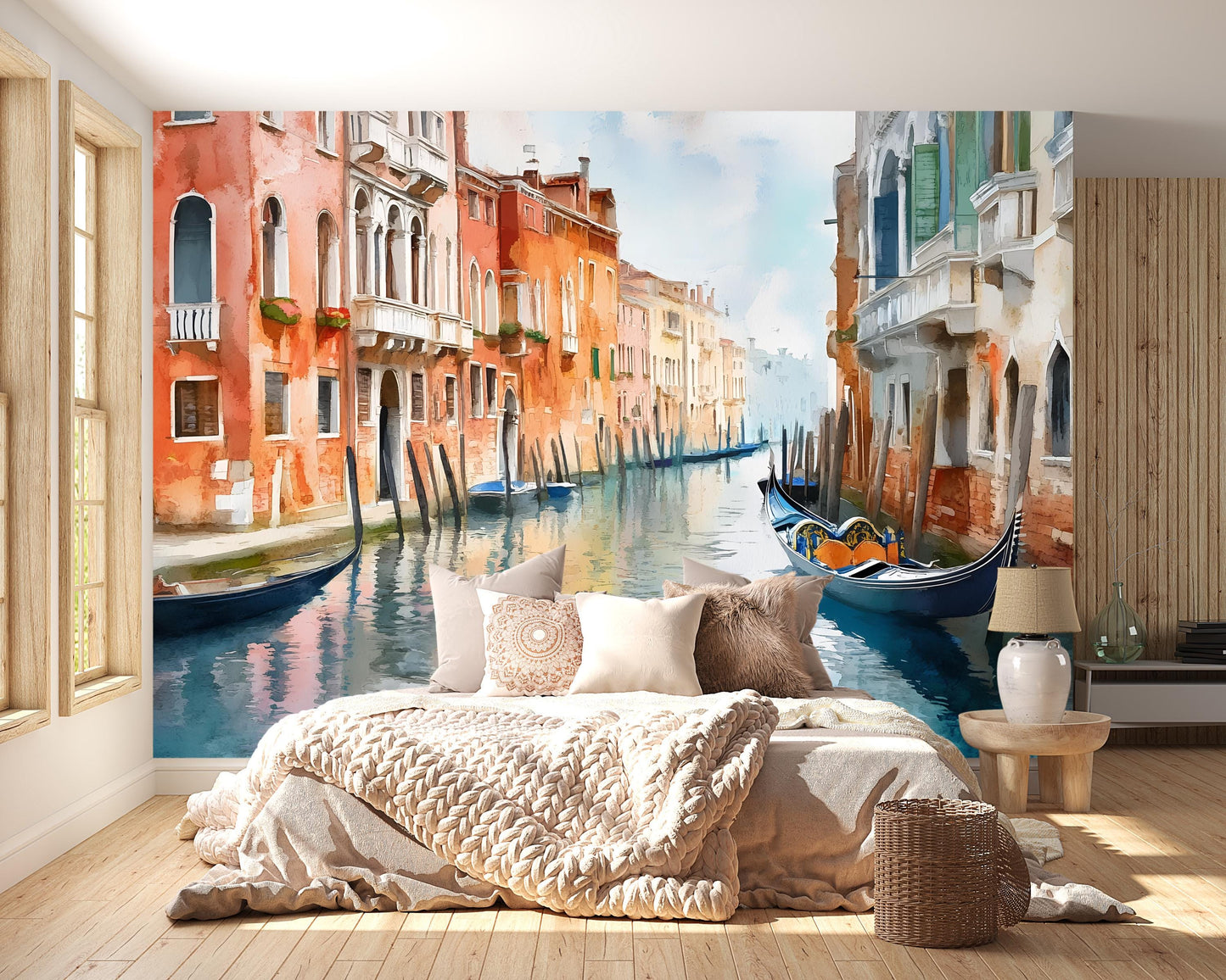 Venice Canal Gondola Wall Mural – Watercolor Italy Wallpaper Vn919