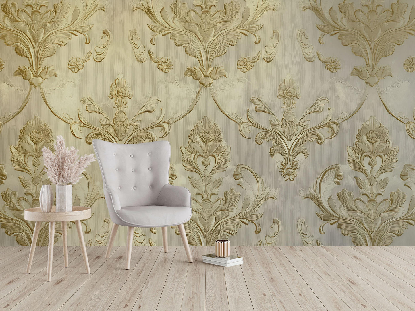 Luxury Gold Baroque Wallpaper – Elegant 3D Textured Damask Wall Mural for Living Room, Bedroom, or Office Vn631