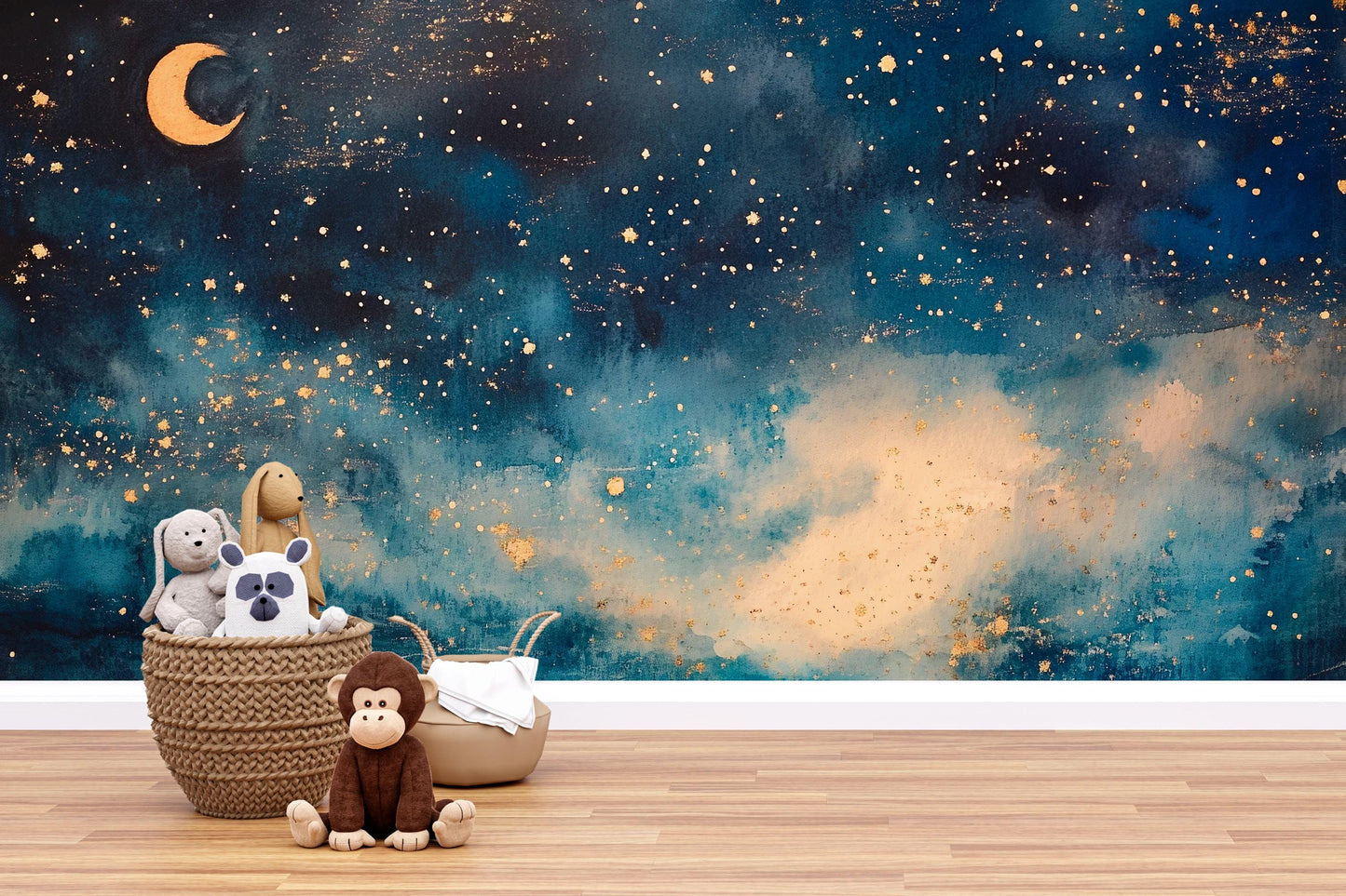 Night Sky Wall Mural – Moon and Stars Nursery Wallpaper, Dreamy Galaxy Accent Wall for Kids Room or Baby Nursery Vn854