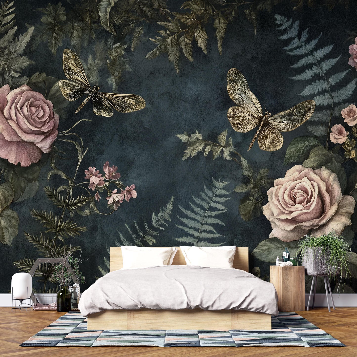 Dark Botanical Wall Art – Vintage Dragonflies & Roses Print Vn955