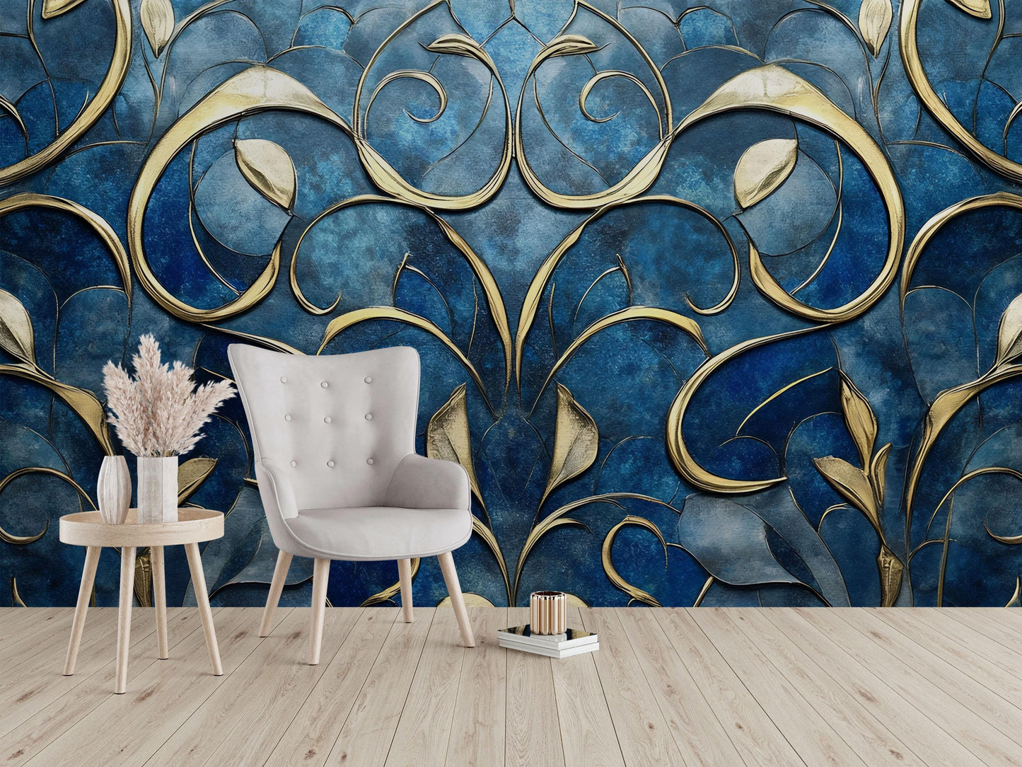 Luxury Blue & Gold Abstract Floral Wall Mural | Elegant 3D Effect Wallpaper for Living Room, Bedroom, Office Vn756