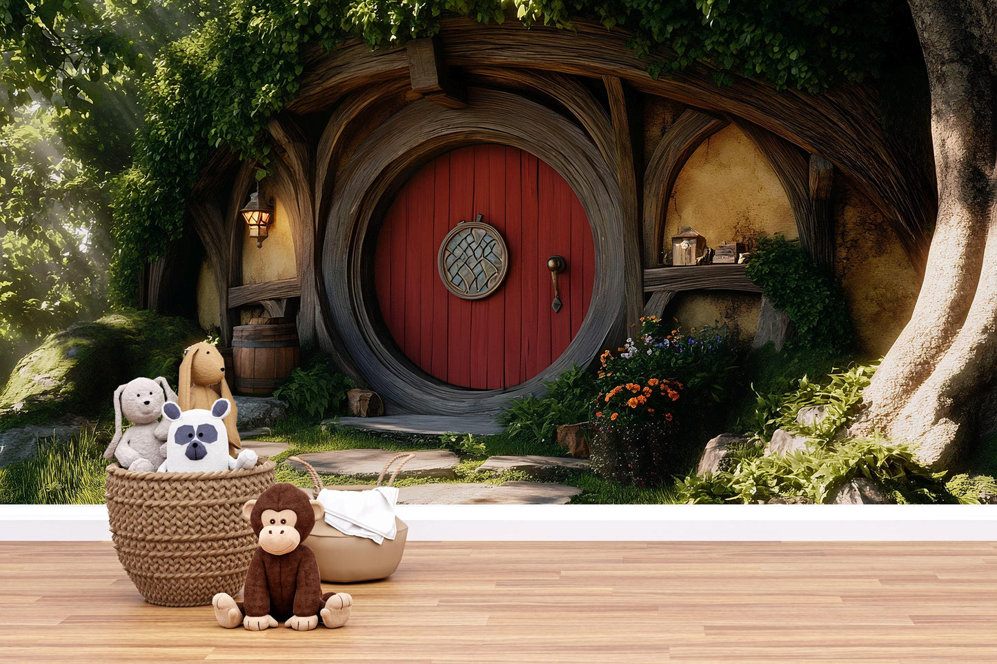 Hobbit Nursery Wall Mural – Fantasy Woodland Door Backdrop | Cozy Kids Room Decor | Enchanted Hobbit Hole Wallpaper Vn606