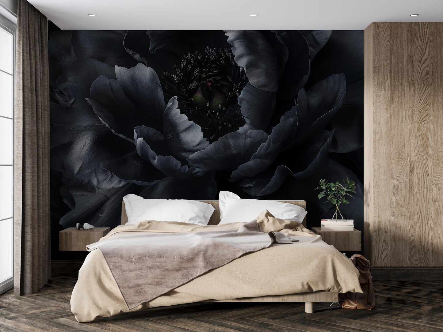 Black Floral Mural Wallpaper – Dark Oversized Peony Wall Art for Bedroom Décor Vn1048