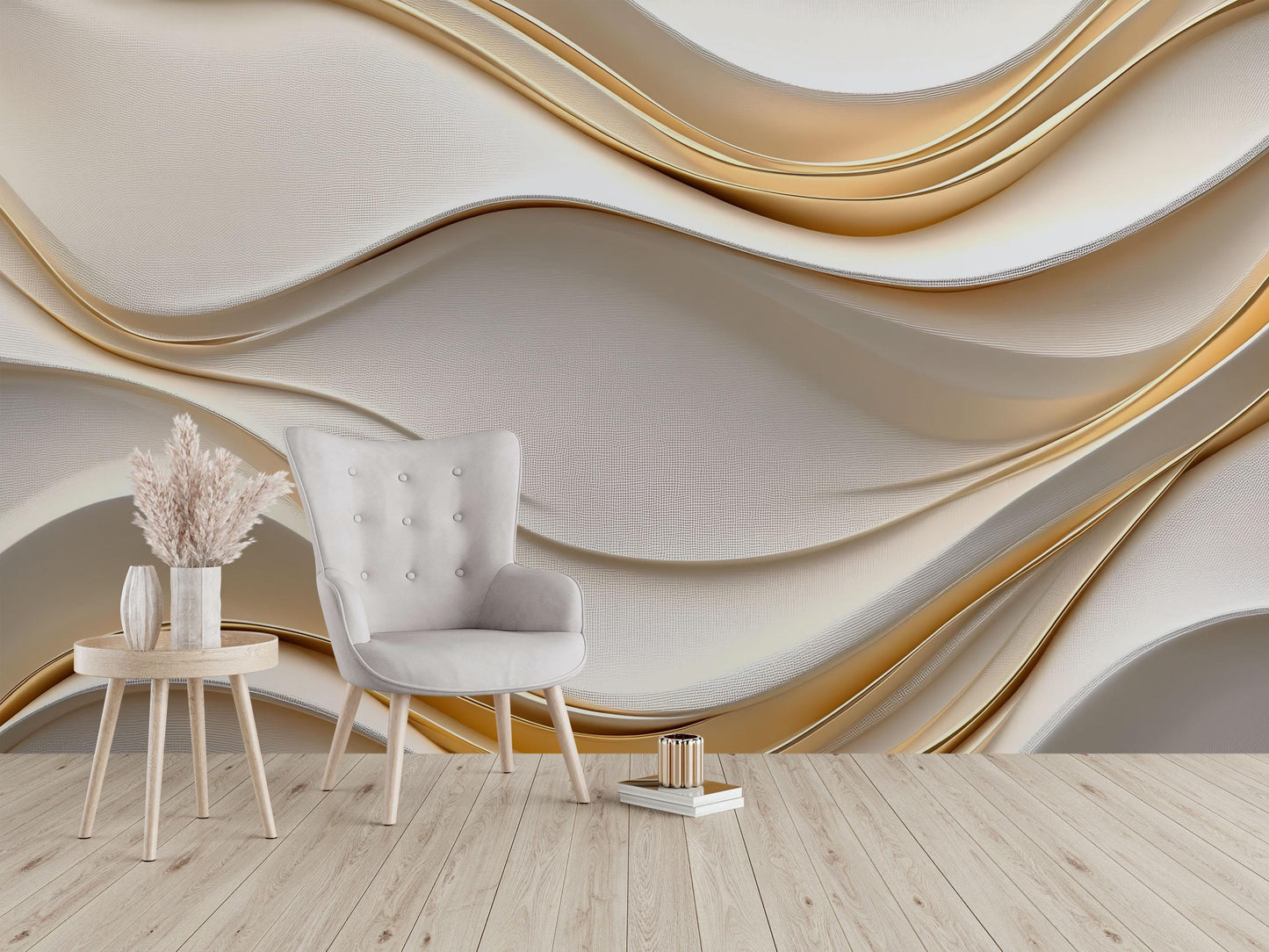 Elegant Gold Wave Wall Mural – Modern 3D Luxury Accent Wallpaper for Living Room or Bedroom Vn775
