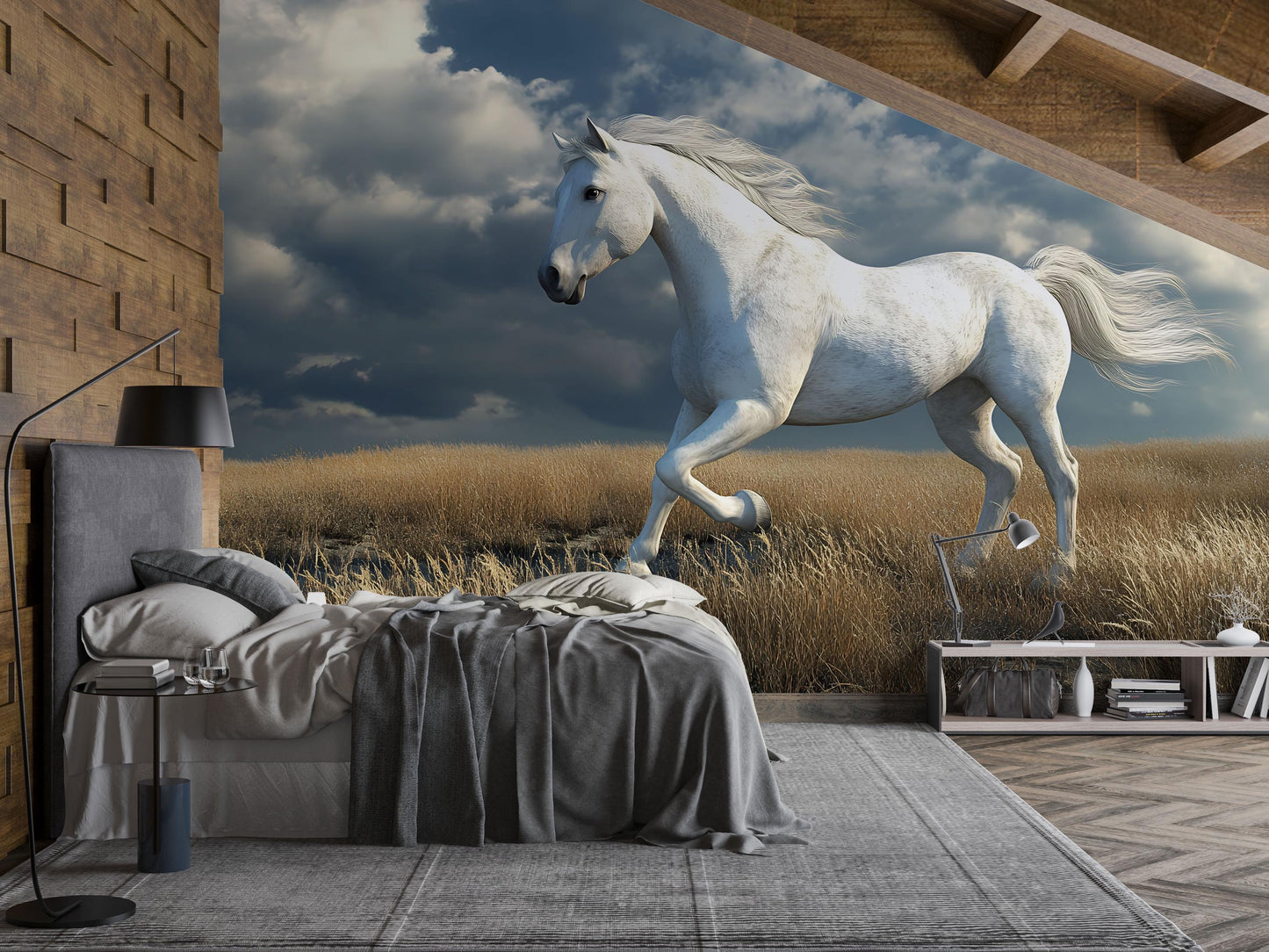 White Horse Wall Mural – Majestic Stallion Running in Field Wallpaper for Bedroom or Nursery Vn784