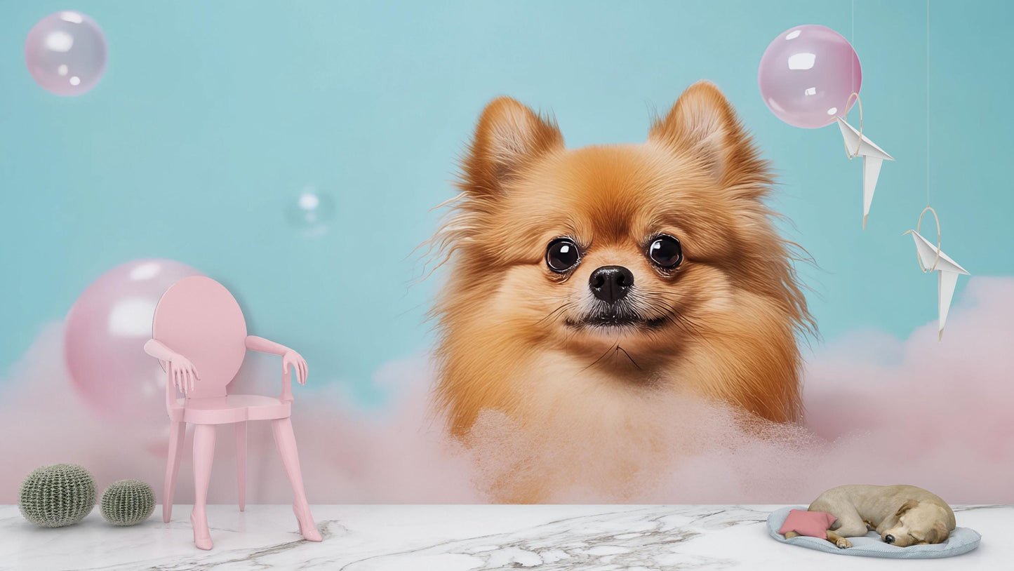 Cute Pomeranian Dog Wall Mural - Pink Cloud & Bubble Background - Kawaii Pet Art for Nursery, Kids Room, or Pet Lover Decor Vn664