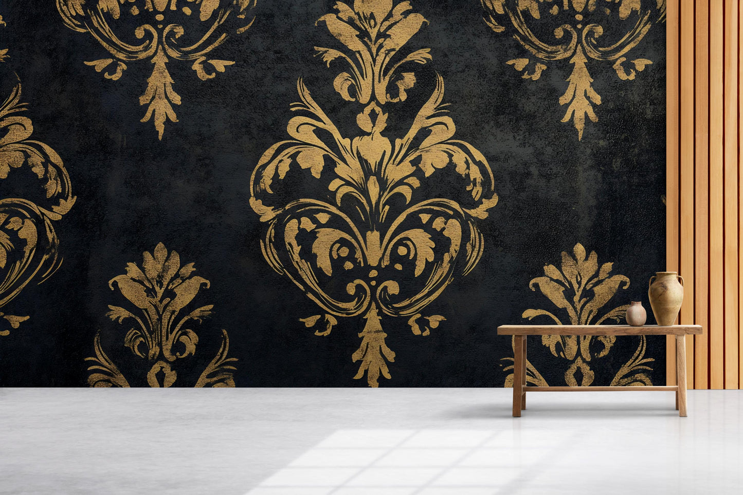 Luxury Baroque Black & Gold Damask Wallpaper – Elegant Textured Wall Mural Vn639