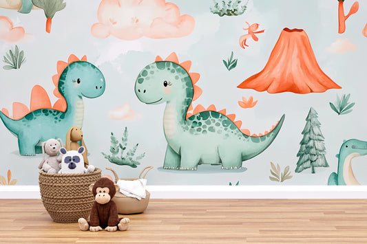 Cute Dinosaur Wall Mural – Cartoon Dino Wallpaper for Nursery, Kids Room & Playroom Vn980