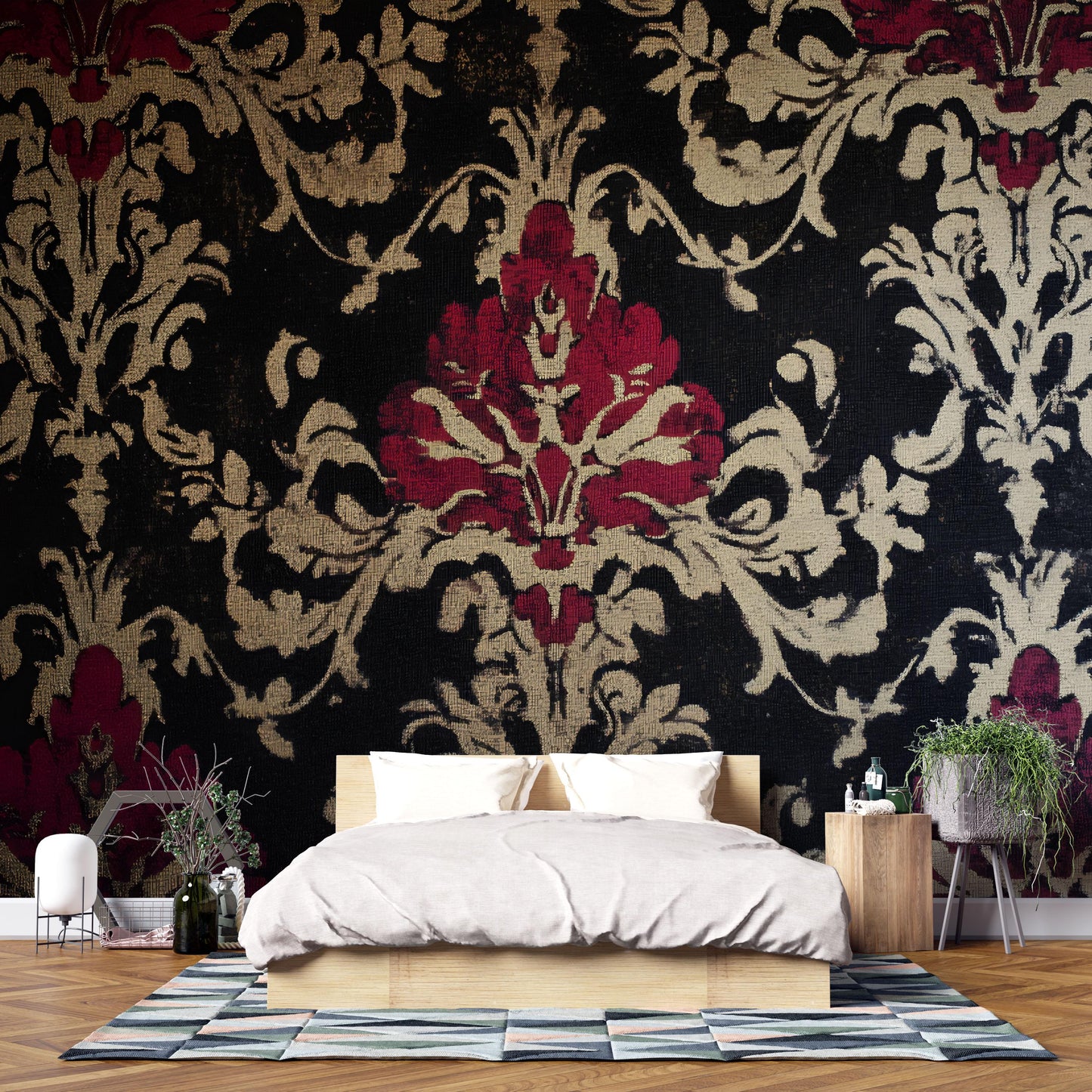 Luxury Baroque Floral Wallpaper – Black, Gold & Red Damask Tapestry Wall Mural for Bedroom or Accent Wall Vn640