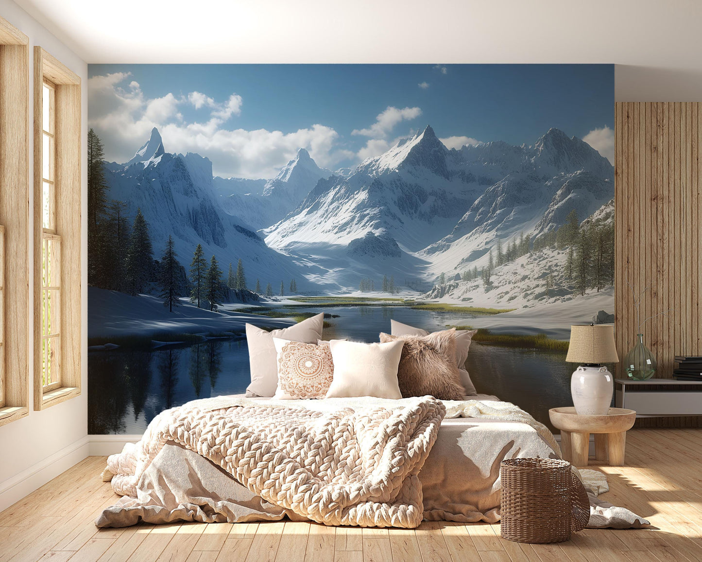 Snowy Mountain Wall Mural | Winter Landscape Bedroom Wallpaper Vn696
