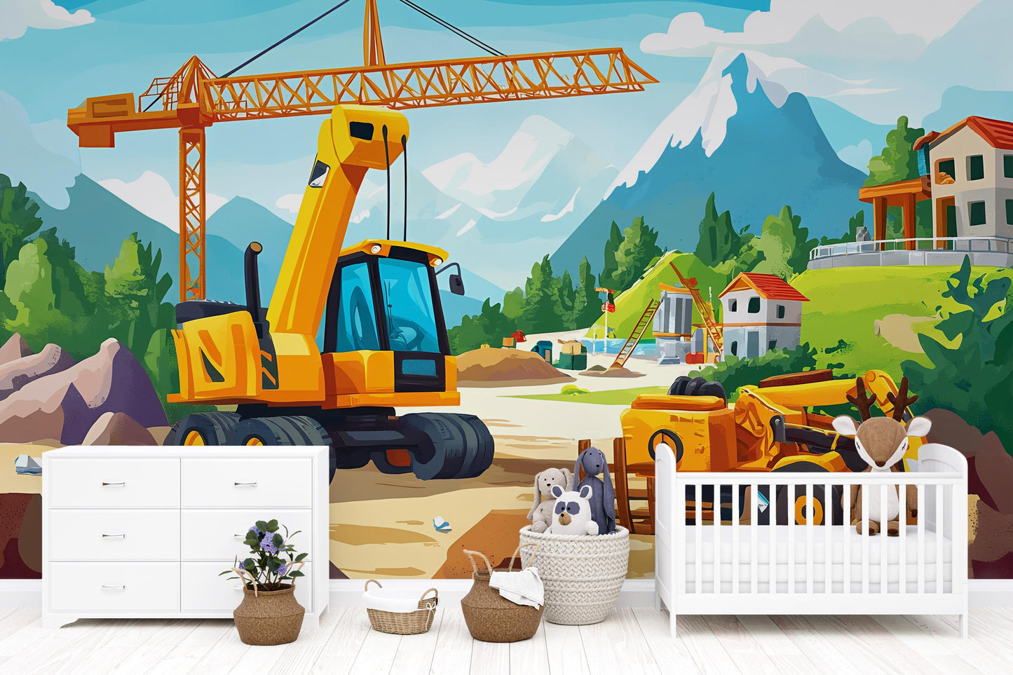 Construction Site Wall Mural for Kids Room - Cartoon Digger Crane and Mountain Scene - Removable Wallpaper Vn438