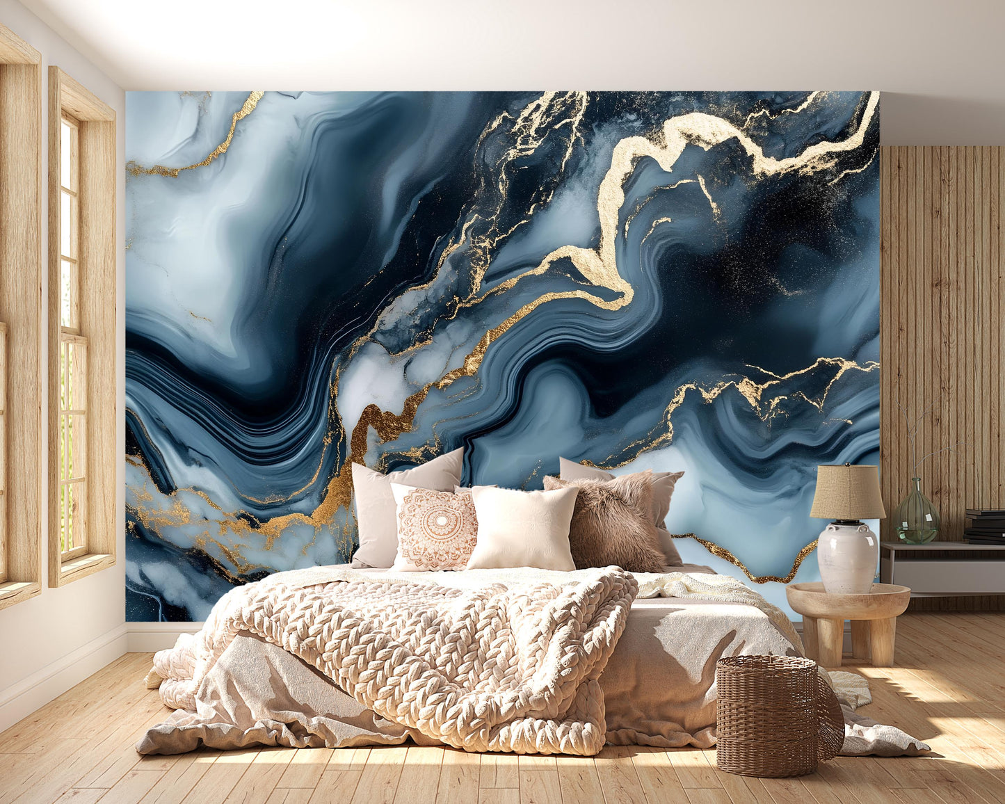 Blue Gold Marble Wall Mural – Abstract Luxury Wallpaper Vn968