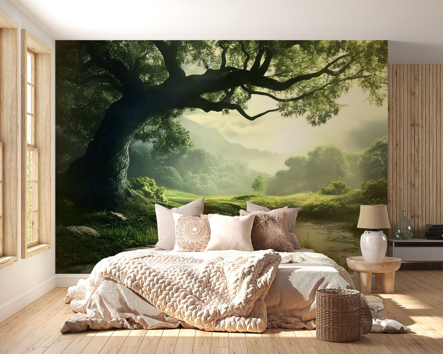 Tranquil Forest Wall Mural – Serene Green Landscape Nature Wallpaper Vn825