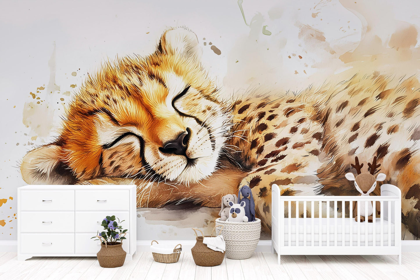Sleeping Cheetah Cub Wall Mural for Kids Room | Jungle Safari Nursery Art | Wildlife Animal Wall Decor | Large Cheetah Wallpaper Vn535