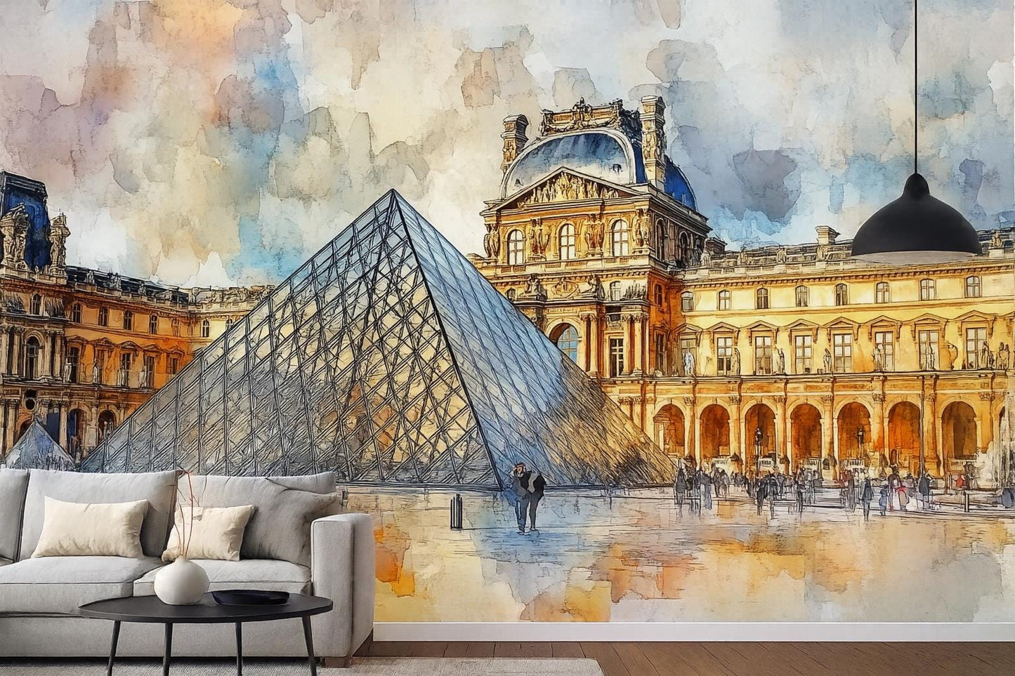 Louvre Pyramid Wall Mural – Paris Watercolor Museum Wallpaper Vn935