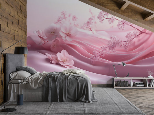 Pink Sakura Blossom Wall Mural – Romantic Floral Wallpaper – Japanese Cherry Blossom Bedroom Decor – Soft Pastel Aesthetic Vn271