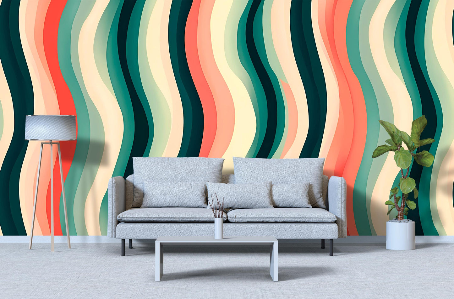 Retro Wavy Stripes Wallpaper – Funky Mid Century Modern Wall Mural Vn1022