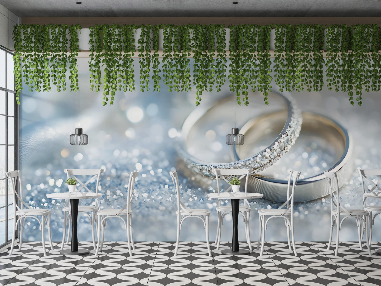 Romantic Wedding Cafe Wall Art | Elegant Ring Background Mural Print | Modern Love-Themed Wall Decor for Home or Event Venue Vn505
