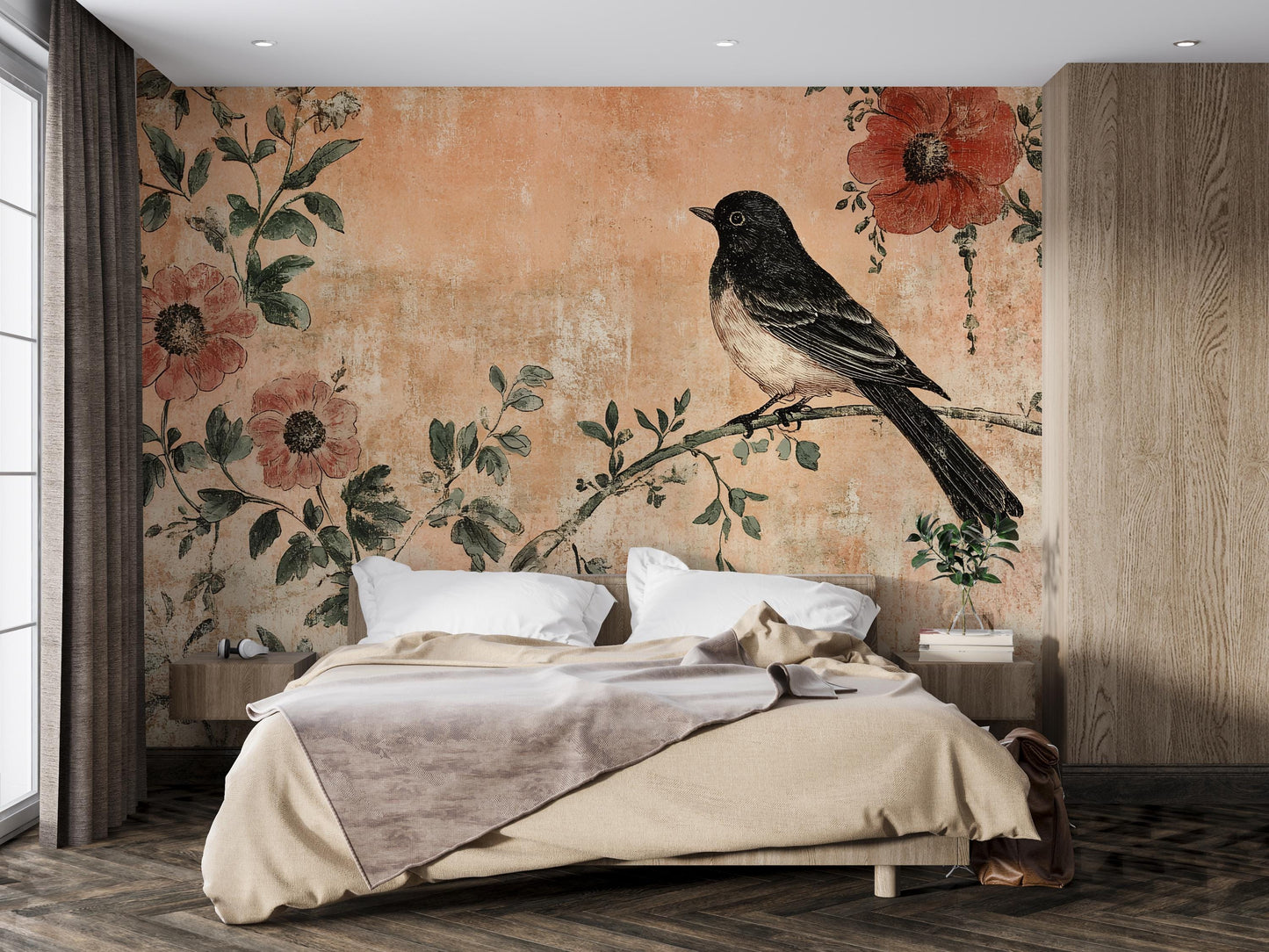 Rustic Bird Mural – Vintage Floral Wallpaper Botanical Wall Art Vn1001