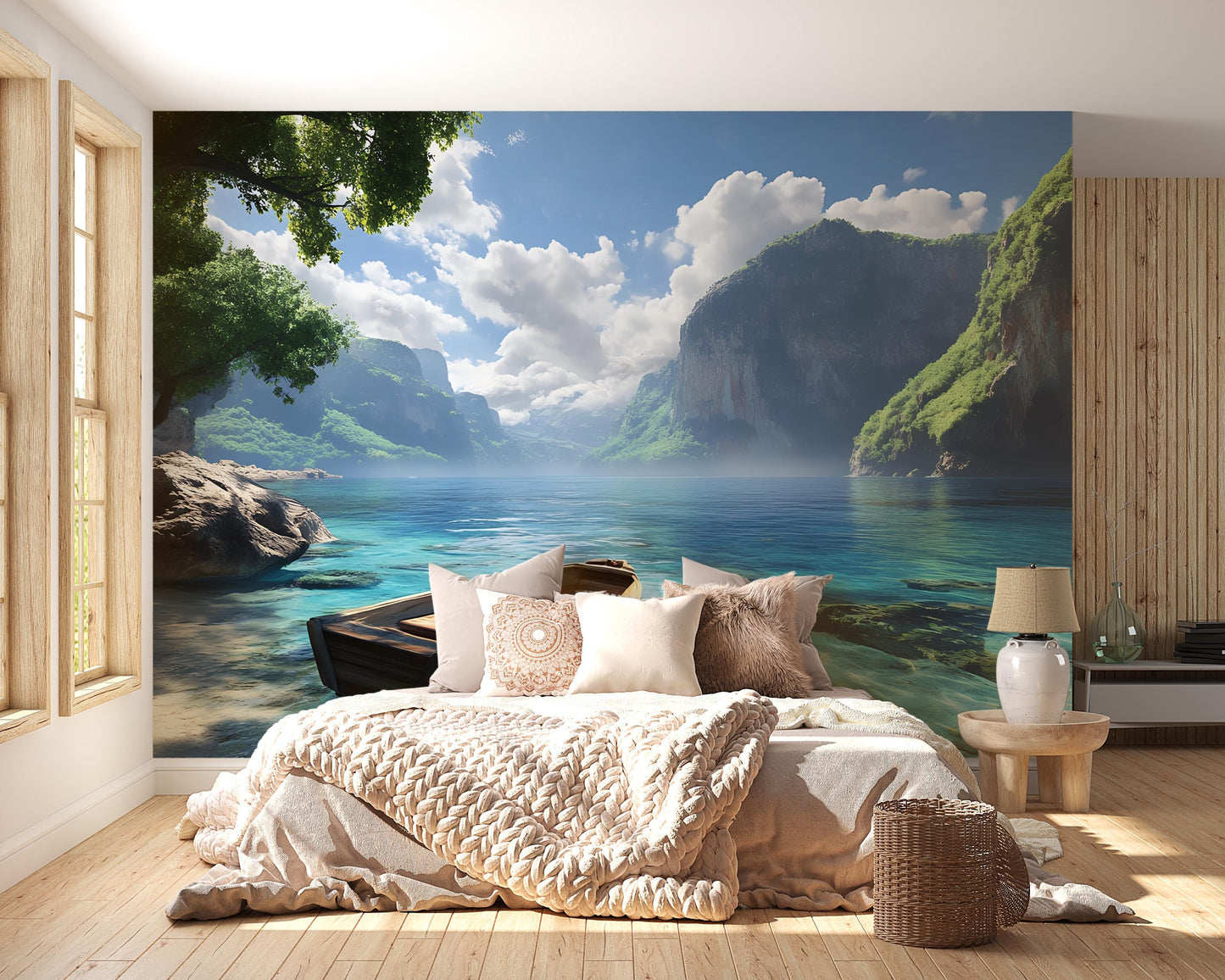 Scenic Lake Mountain Wall Mural for Bedroom | Nature Landscape Wallpaper | Tranquil Lake Wall Art | Serene Retreat Wall Decor Vn573