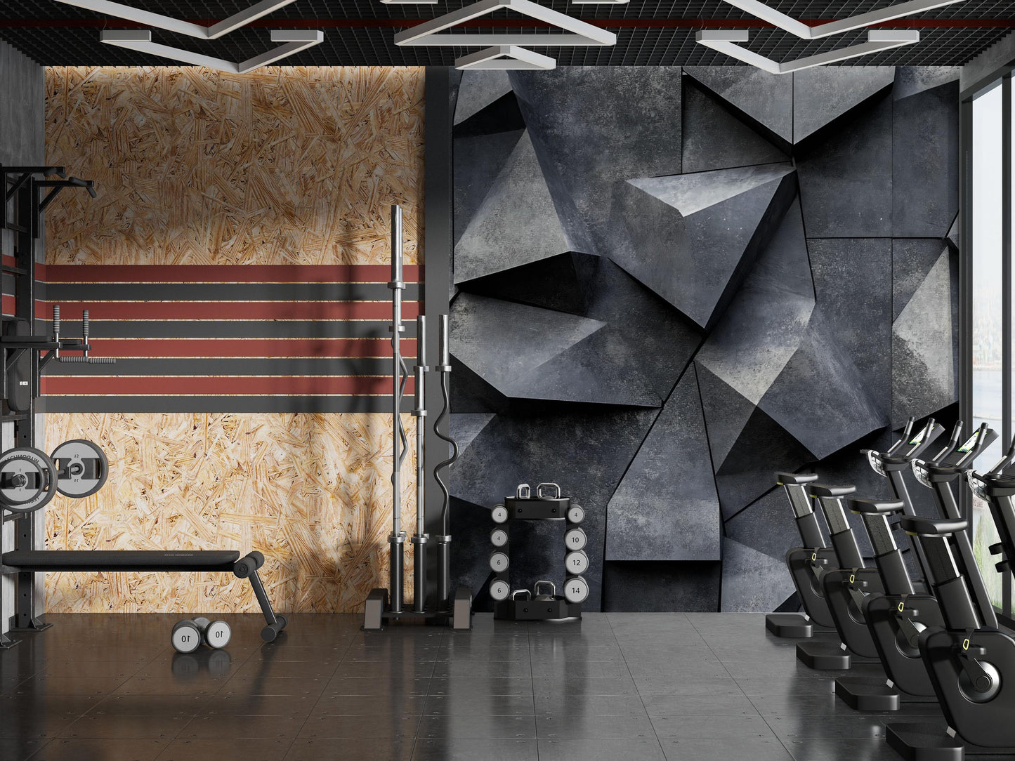 Modern Industrial Gym Wall Art | Geometric & Wood Fitness Studio Print Vn740
