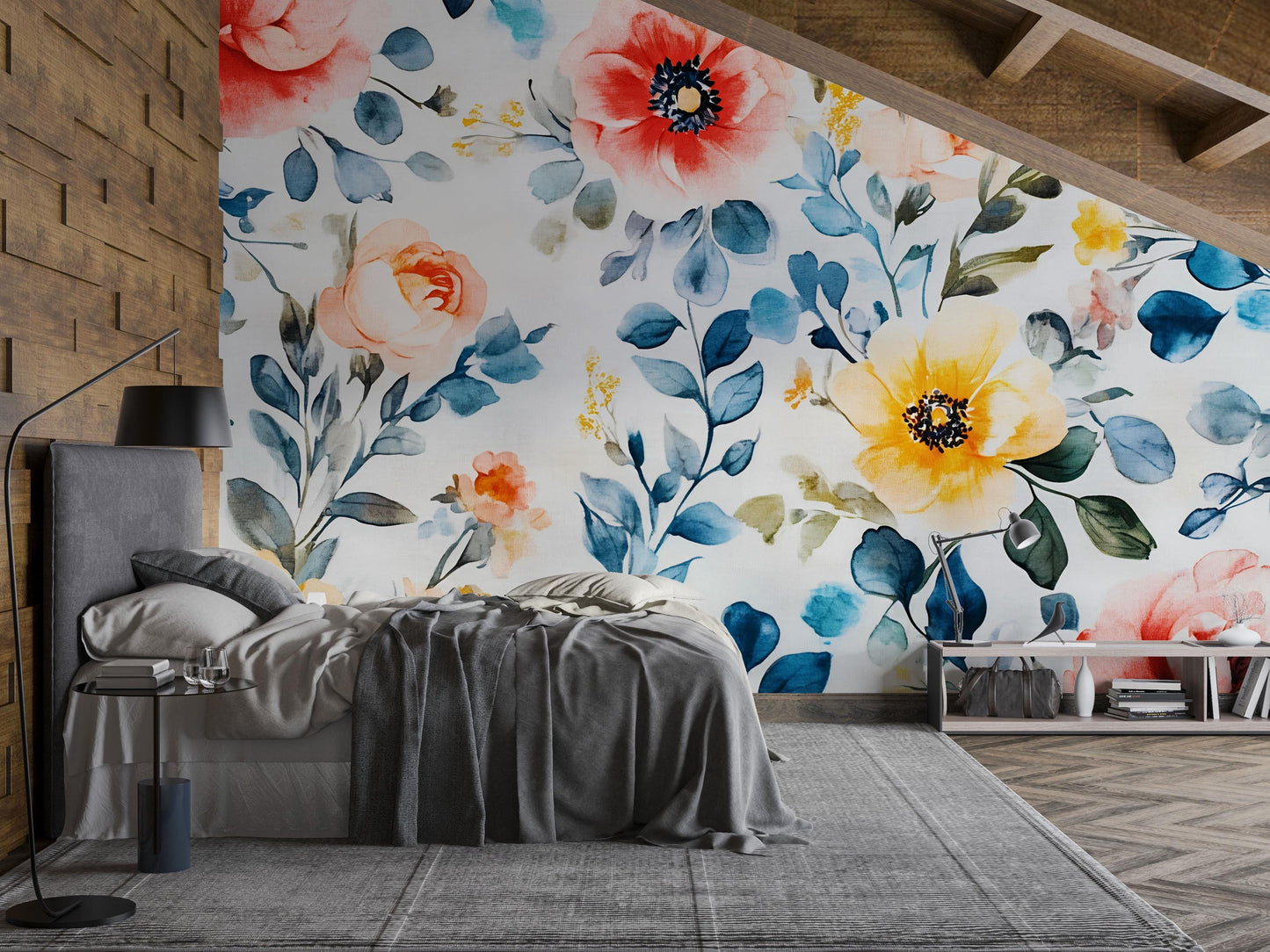 Watercolor Floral Wall Mural – Large Bold Botanical Wallpaper – Colorful Flower Bedroom Accent Wall Art – Peel & Stick or Removable Vn644